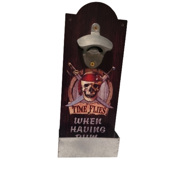 Skull PIRATE bottle opener "time flies when you're having rum"cap catcher drawer - Picture 3 of 7